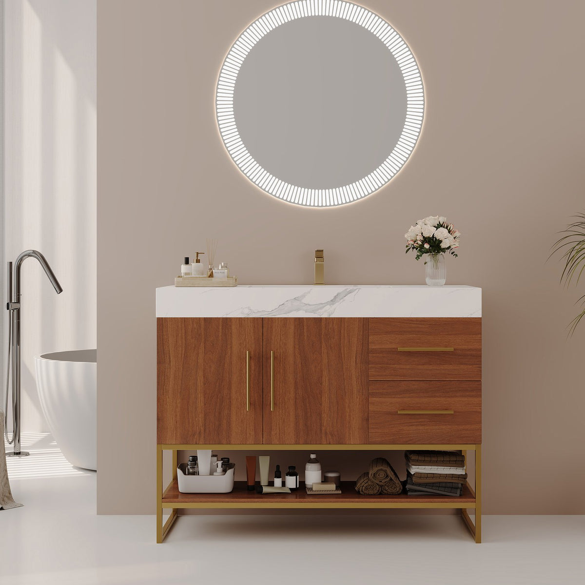 36 inch Walnut Bathroom Vanity Sintered Stone Top Ceramic Sink Front View Modern Gold Frame   