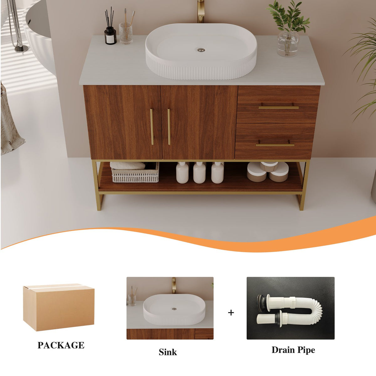 36 inch Walnut Bathroom Vanity Vessel Sink Drain Pipe Package Contents