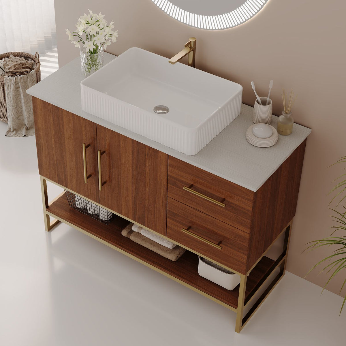 36 inch Walnut Bathroom Vanity White Countertop Fluted Ceramic Vessel Sink Angled View