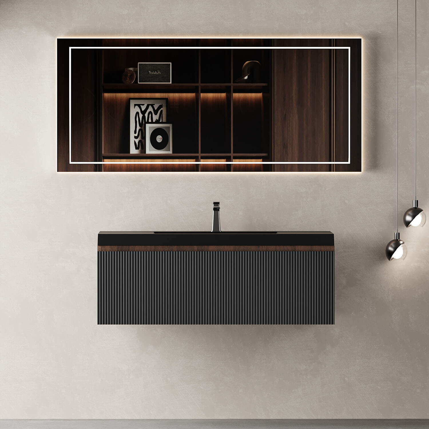 36 inch Walnut &amp; Black Fluted Design Floating Vanity with Single-Hole Quartz Sand Sink