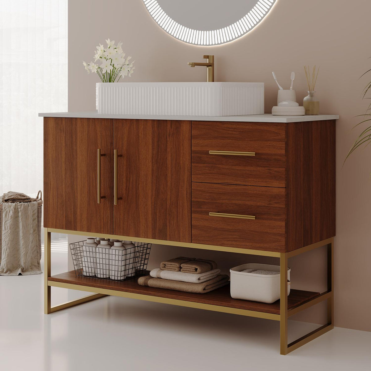 36 inch Walnut Freestanding Bathroom Vanity Brass Metal Frame Open Bottom Shelf