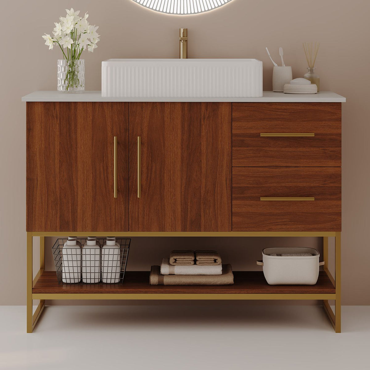 36 inch Modern Walnut Freestanding Bathroom Vanity Front View Rectangular Vessel Sink