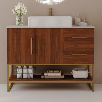 36 inch Modern Walnut Freestanding Bathroom Vanity Front View Rectangular Vessel Sink