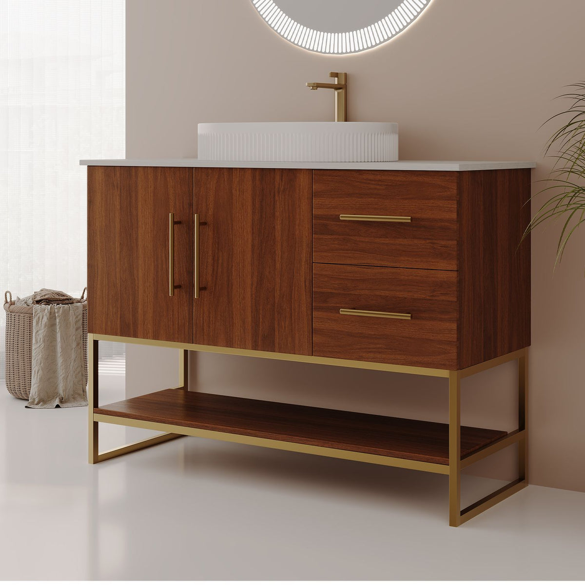 36 inch Walnut Freestanding Bathroom Vanity Gold Handles Isometric View