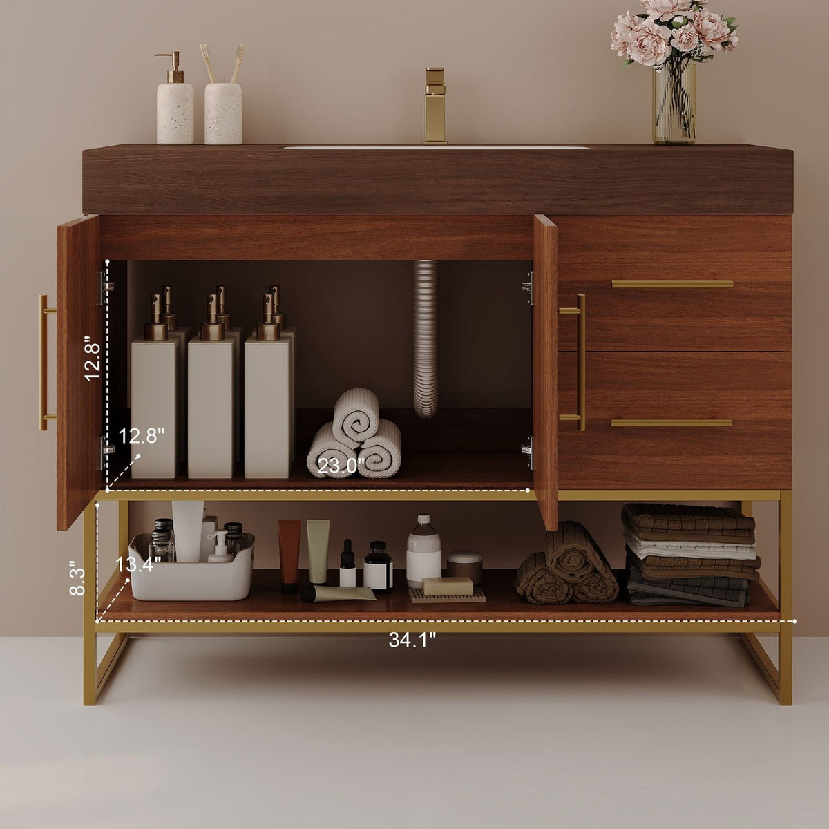 36 inch Walnut Freestanding Bathroom Vanity Seamless Ceramic Sink Faux Marble Top Double Door Interior Open Shelf Dimensions Storage Space