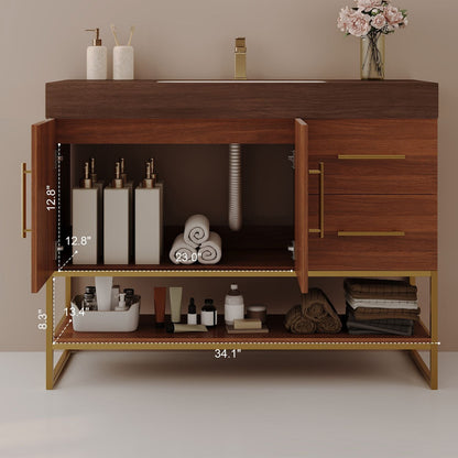 36 inch Walnut Freestanding Bathroom Vanity Seamless Ceramic Sink Faux Marble Top Double Door Interior Open Shelf Dimensions Storage Space