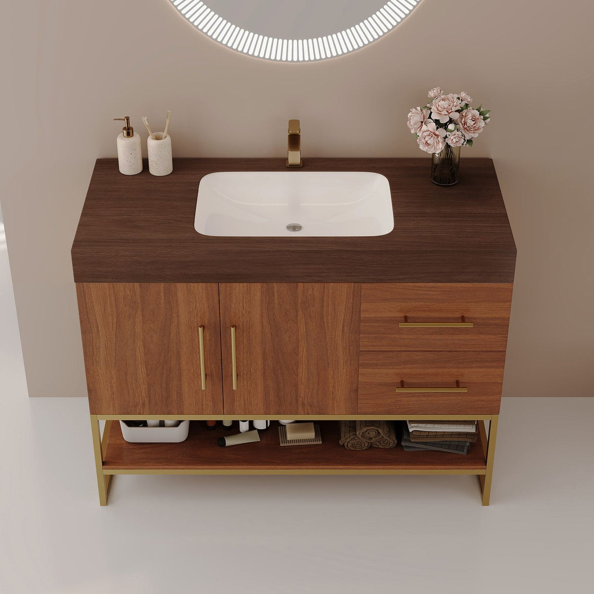 36 inch Walnut Freestanding Bathroom Vanity Seamless Ceramic Sink Faux Marble Top Elevated Front View Gold Hardware