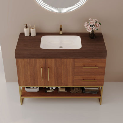 36 inch Walnut Freestanding Bathroom Vanity Seamless Ceramic Sink Faux Marble Top Elevated Front View Gold Hardware