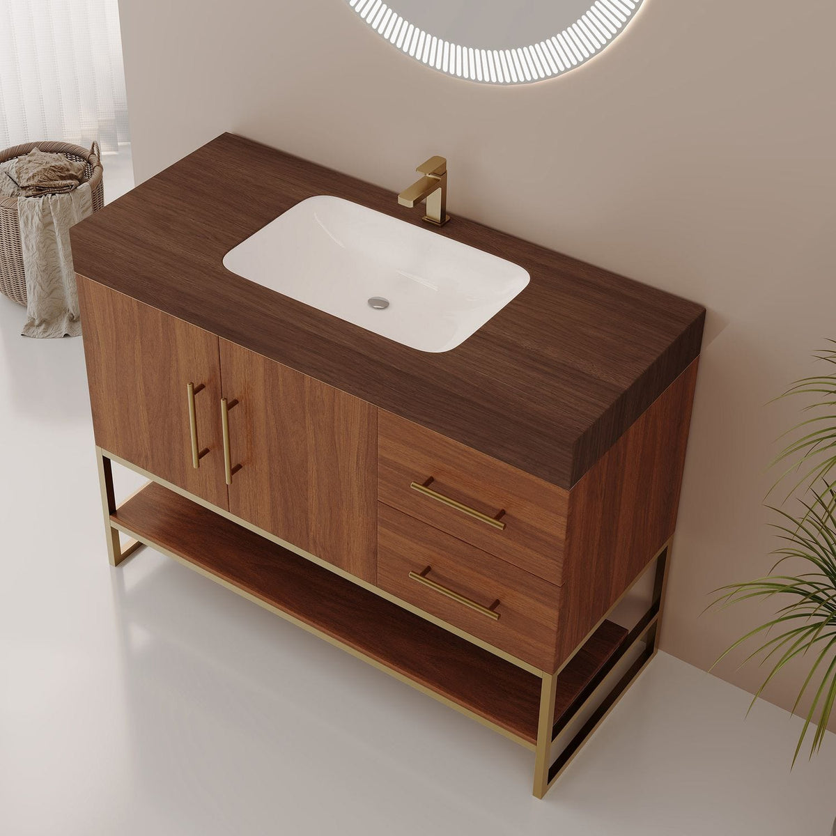 36 inch Walnut Freestanding Bathroom Vanity Seamless Ceramic Sink Faux Marble Top High Angle View Rectangular Basin Surface