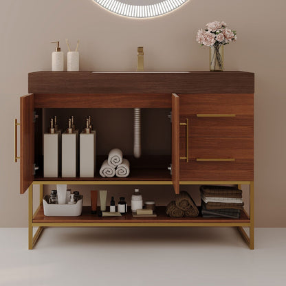 36 inch Walnut Freestanding Bathroom Vanity Seamless Ceramic Sink Faux Marble Top Open Doors Double Door Storage Space
