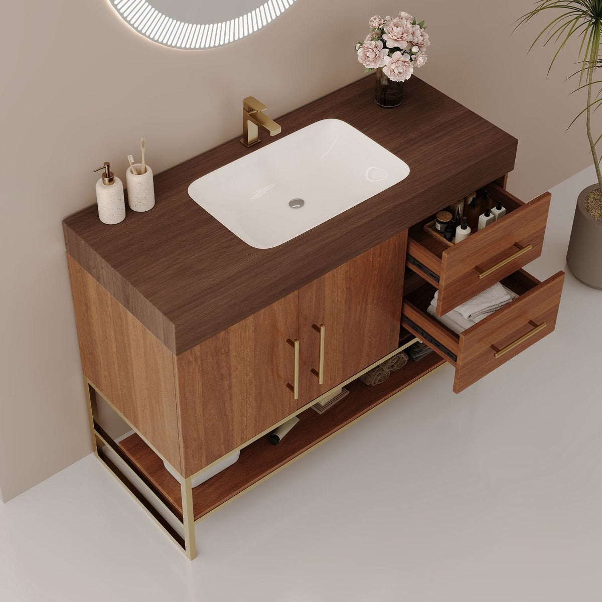 36 inch Walnut Freestanding Bathroom Vanity Seamless Ceramic Sink Faux Marble Top Open Drawers Interior Storage Space