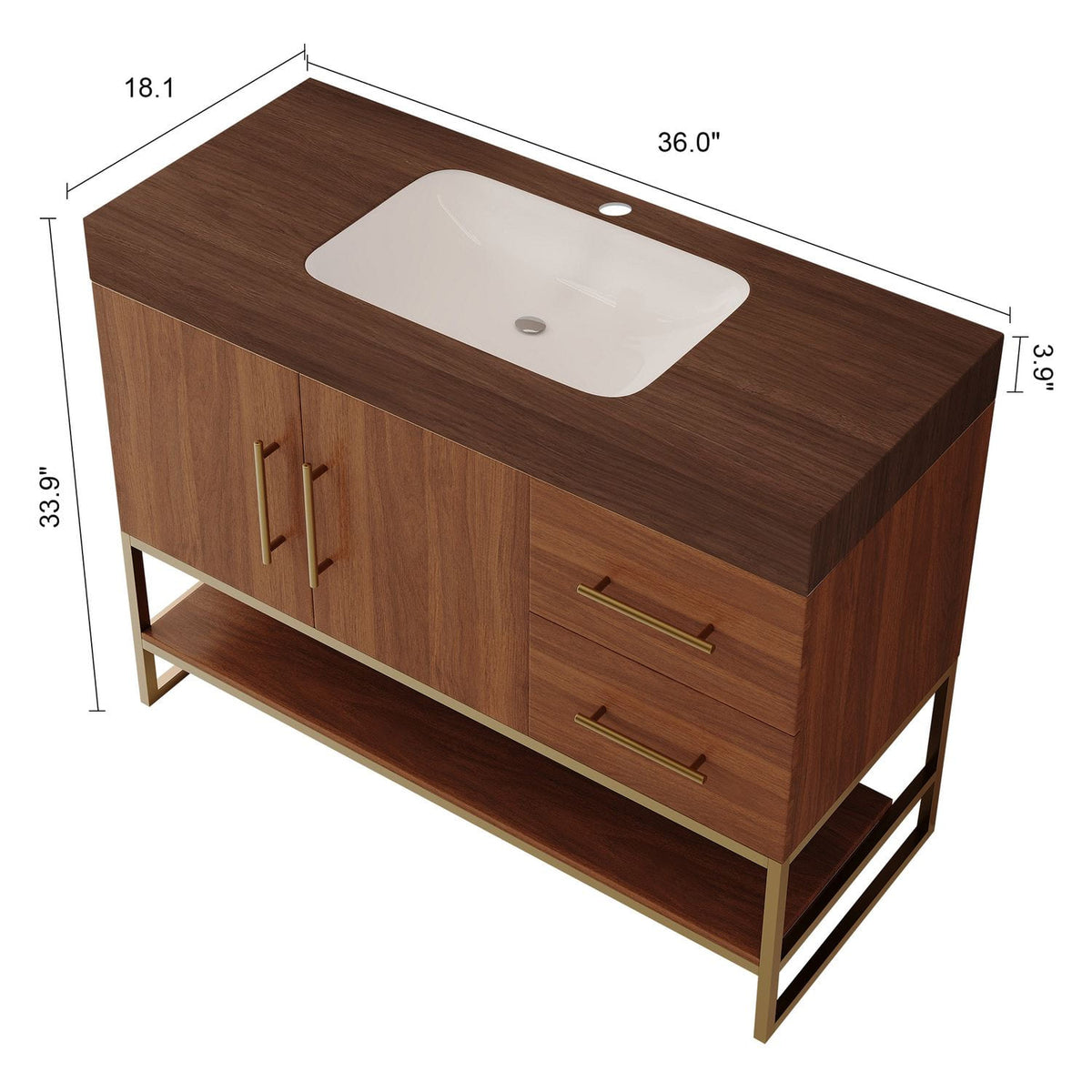 36 inch Walnut Freestanding Bathroom Vanity Seamless Ceramic Sink Faux Marble Top Overall Dimensions Width Depth Height Measurement
