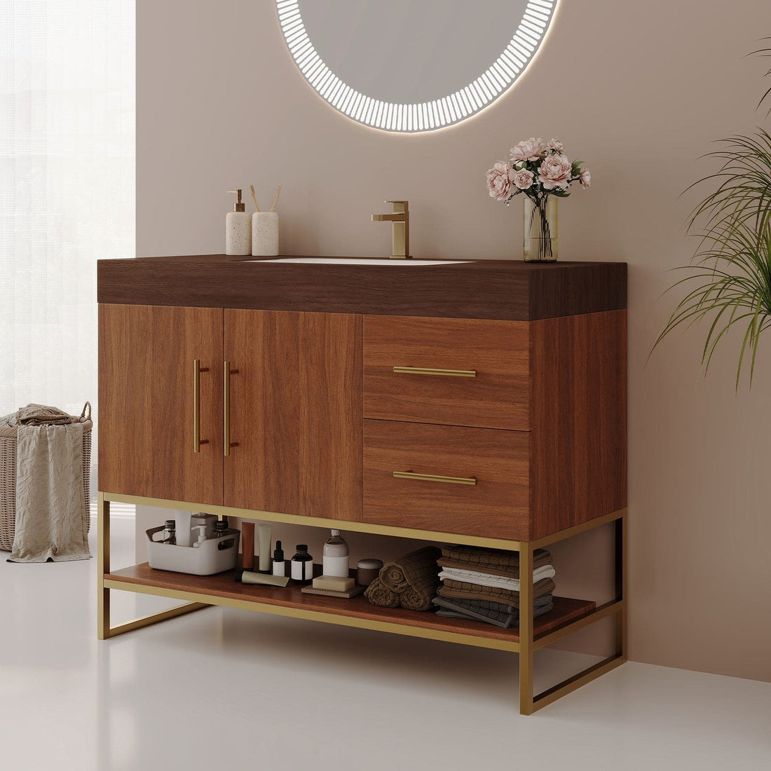 36 inch Walnut Freestanding Bathroom Vanity Seamless Ceramic Sink Faux Marble Top Side Angle View Wood Grain Storage Shelf