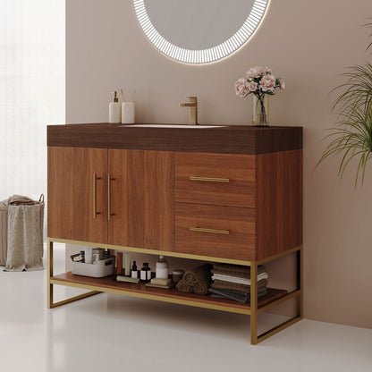 36 inch Walnut Freestanding Bathroom Vanity Seamless Ceramic Sink Faux Marble Top Side Angle View Wood Grain Storage Shelf