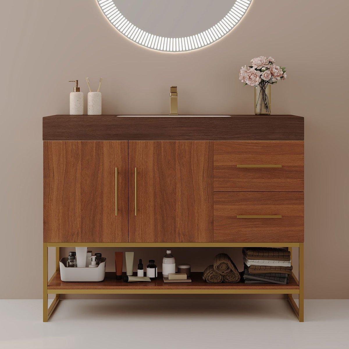36 inch Walnut Freestanding Bathroom Vanity Seamless Ceramic Sink Faux Marble Top Straight On Front View Modern Design Gold Base Frame