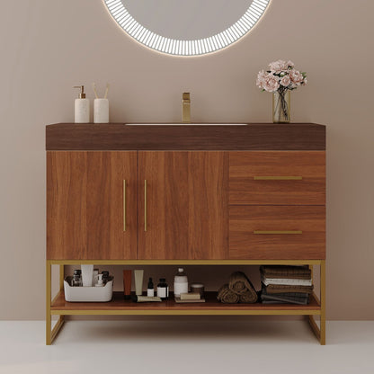 36 inch Walnut Freestanding Bathroom Vanity Seamless Ceramic Sink Faux Marble Top Straight On Front View Modern Design Gold Base Frame