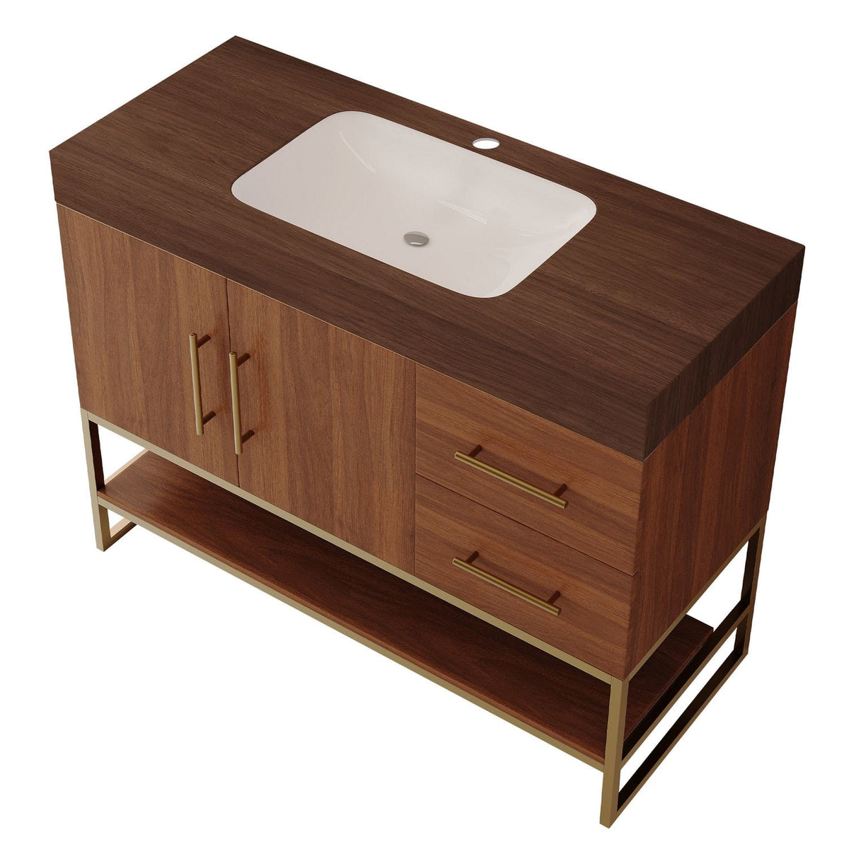 36 inch Walnut Freestanding Bathroom Vanity Seamless Ceramic Sink Faux Marble Top Studio Render White Background Gold Legs