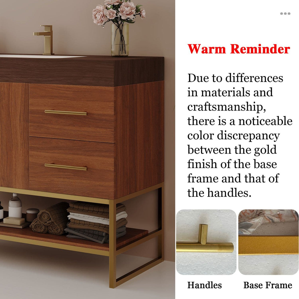36 inch Walnut Freestanding Bathroom Vanity Seamless Ceramic Sink Faux Marble Top Warm Reminder Finish Color Discrepancy Gold Frame Handles