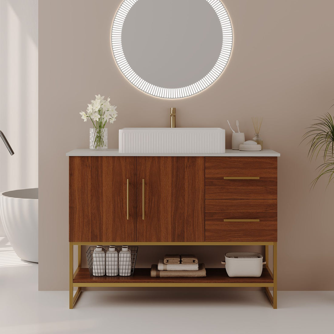 36 inch Walnut Freestanding Bathroom Vanity Set Modern Warm Neutral Bathroom Setup