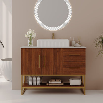 36 inch Walnut Freestanding Bathroom Vanity Set Modern Warm Neutral Bathroom Setup
