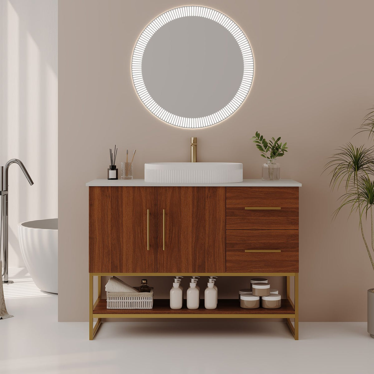 36 inch Walnut Solid Wood Bathroom Vanity Ceramic Vessel Sink Bathroom Setup