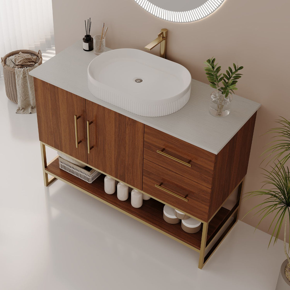 36 inch Walnut Storage Vanity Oval Ceramic Vessel Sink Angled View