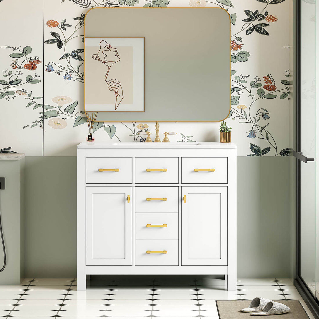 36 inch White Bathroom Storage Vanity with 3-Hole Ceramic Top