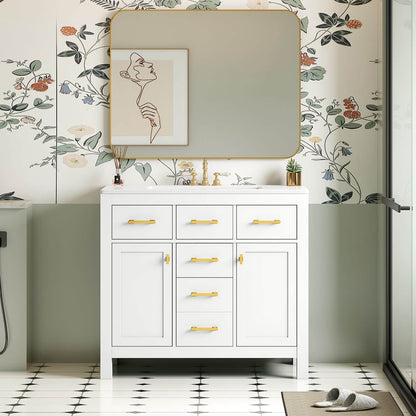 36 inch White Bathroom Storage Vanity with 3-Hole Ceramic Top
