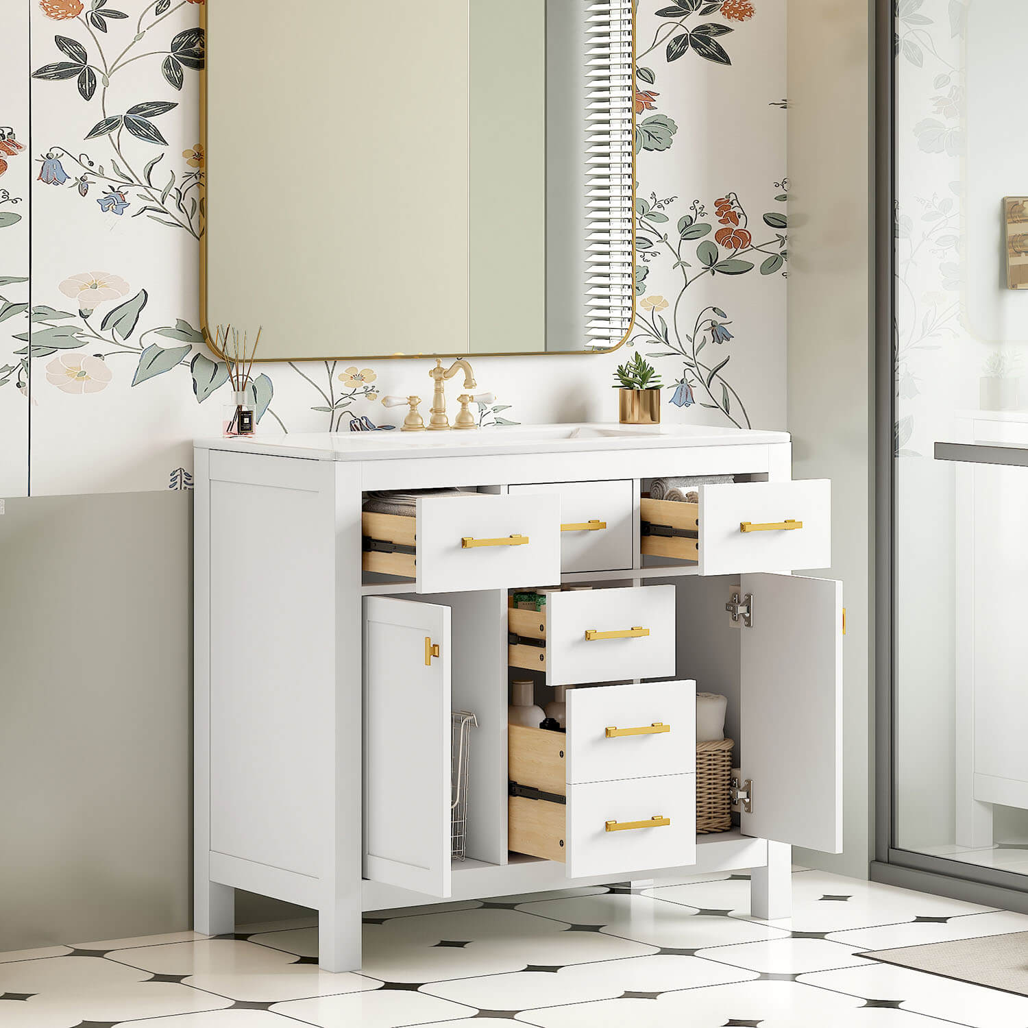 36 inch White Bathroom Vanity features with gold hardware