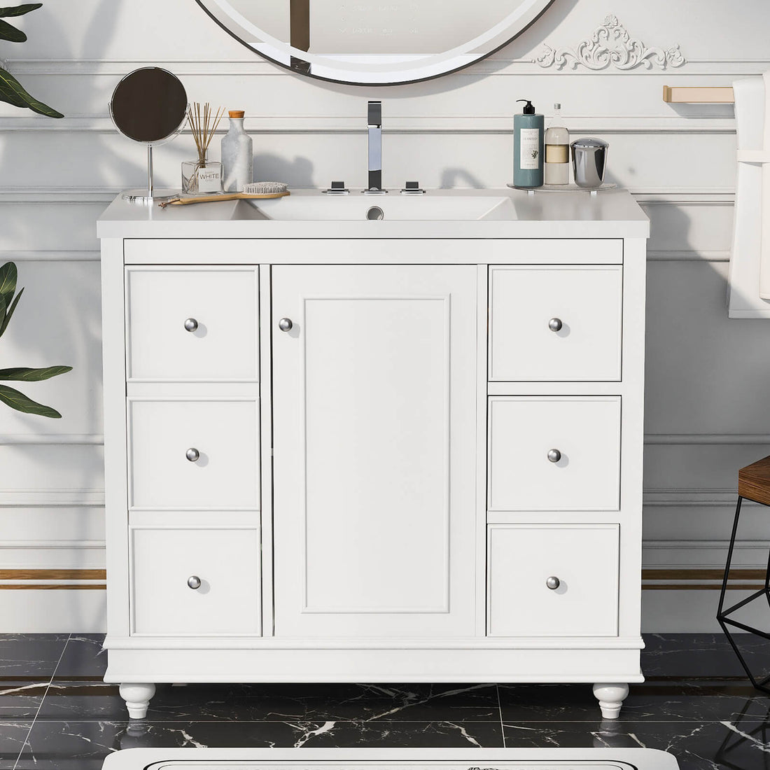 36 inch White Bathroom Vanity with Hair Dryer Storage