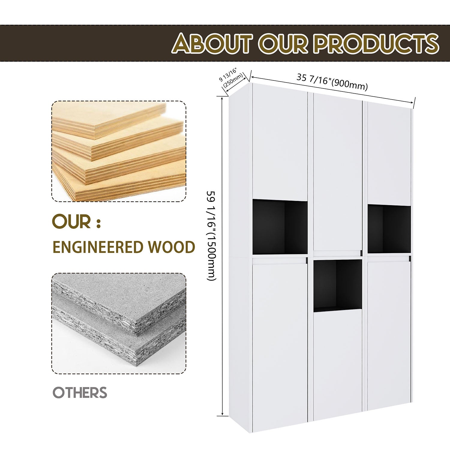 36 inch White Bathroom Wall-Cabinet with Six Doors and Three Open Shelves