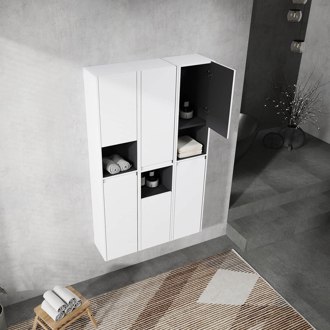 36 inch White Bathroom Wall Cabinet -Six Doors and Three Open Shelves