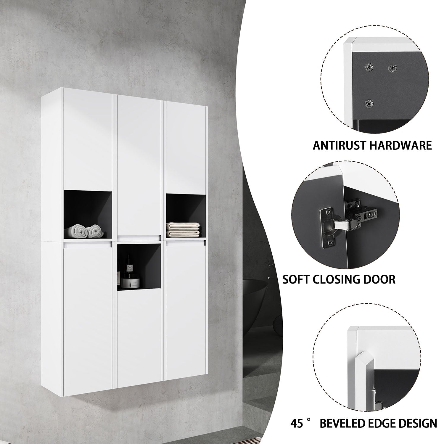 36 inch White Bathroom Wall Cabinet with Six-Doors and Three Open Shelves
