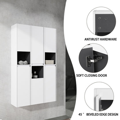 36 inch White Bathroom Wall Cabinet with Six-Doors and Three Open Shelves