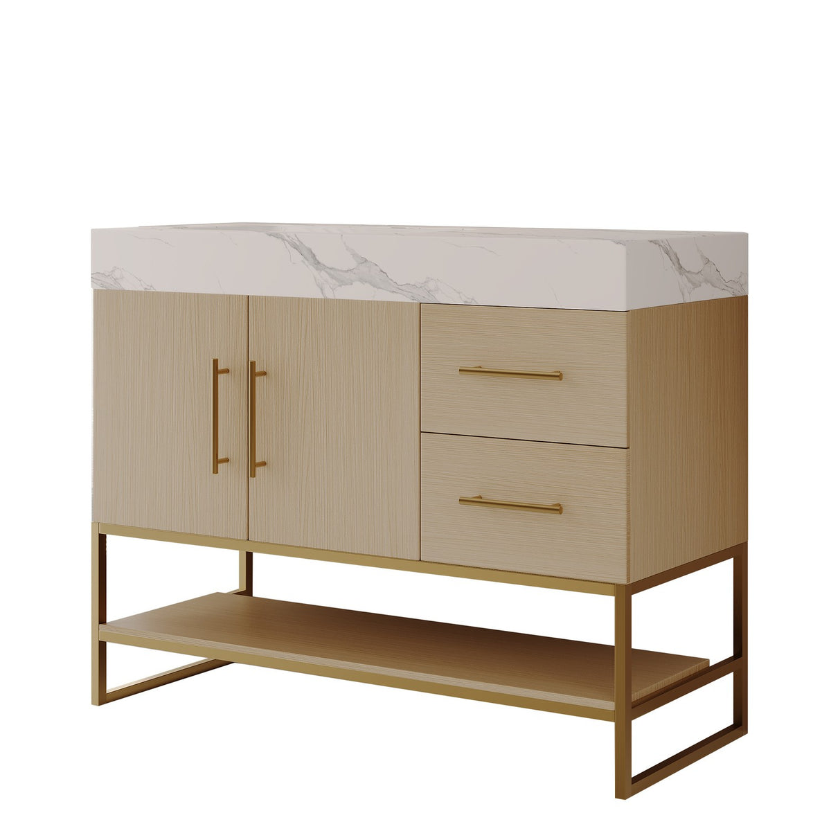 36 inch White Oak Bath Vanity Studio Render Isolated View Left Side Ceramic Sink