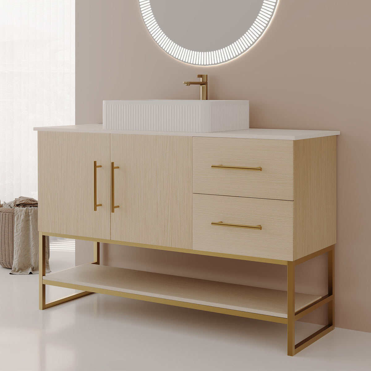 36 inch White Oak Bathroom Storage Vanity Gold Metal Legs Angled View