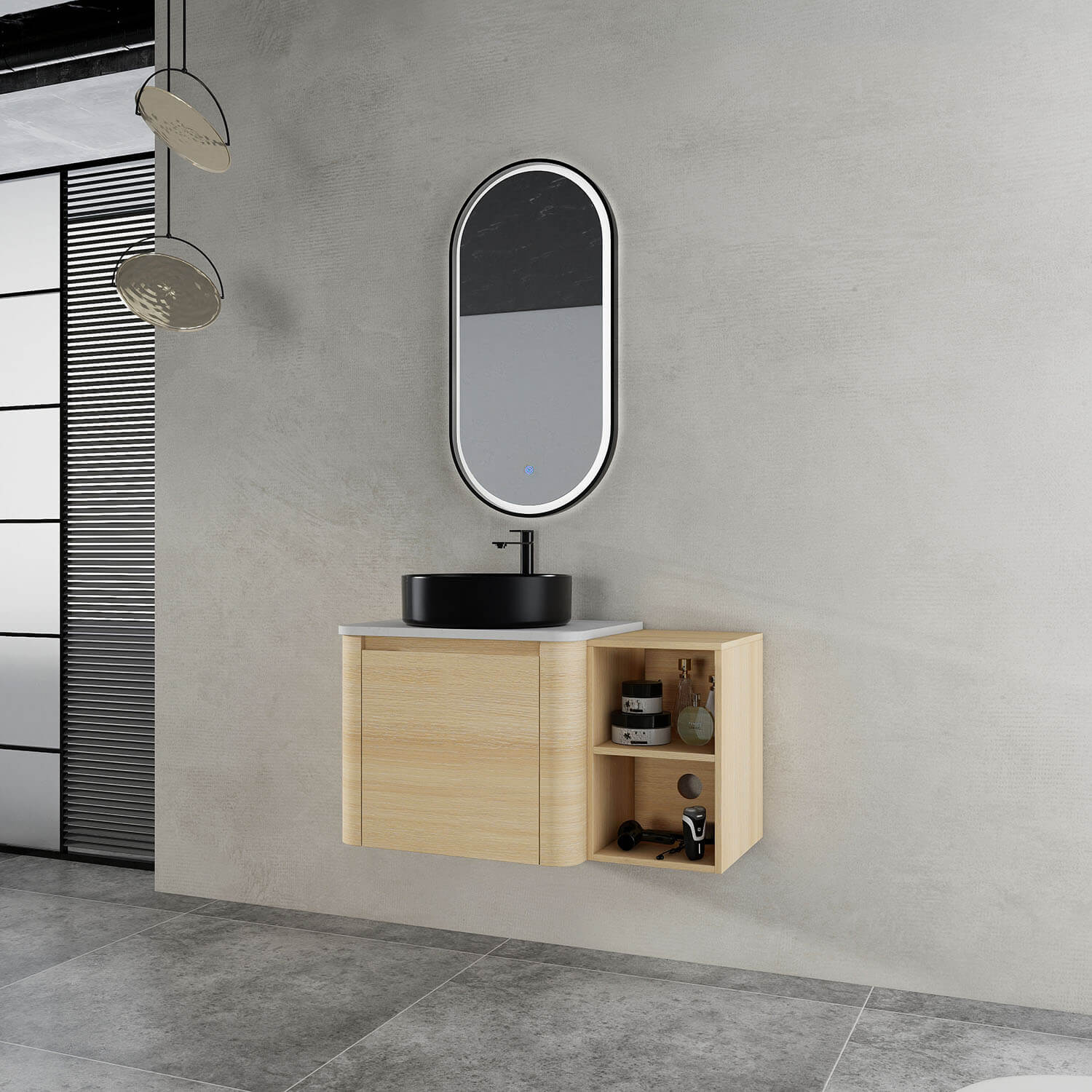 36 inch White Oak Bathroom Vanity-Black Ceramic Vessel Sink and Open Shelves