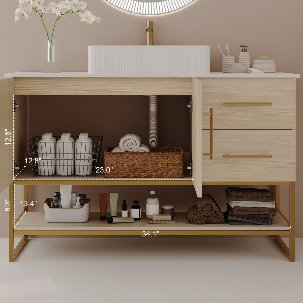 36 inch White Oak Bathroom Vanity Interior Storage Shelf Dimensions Breakdown
