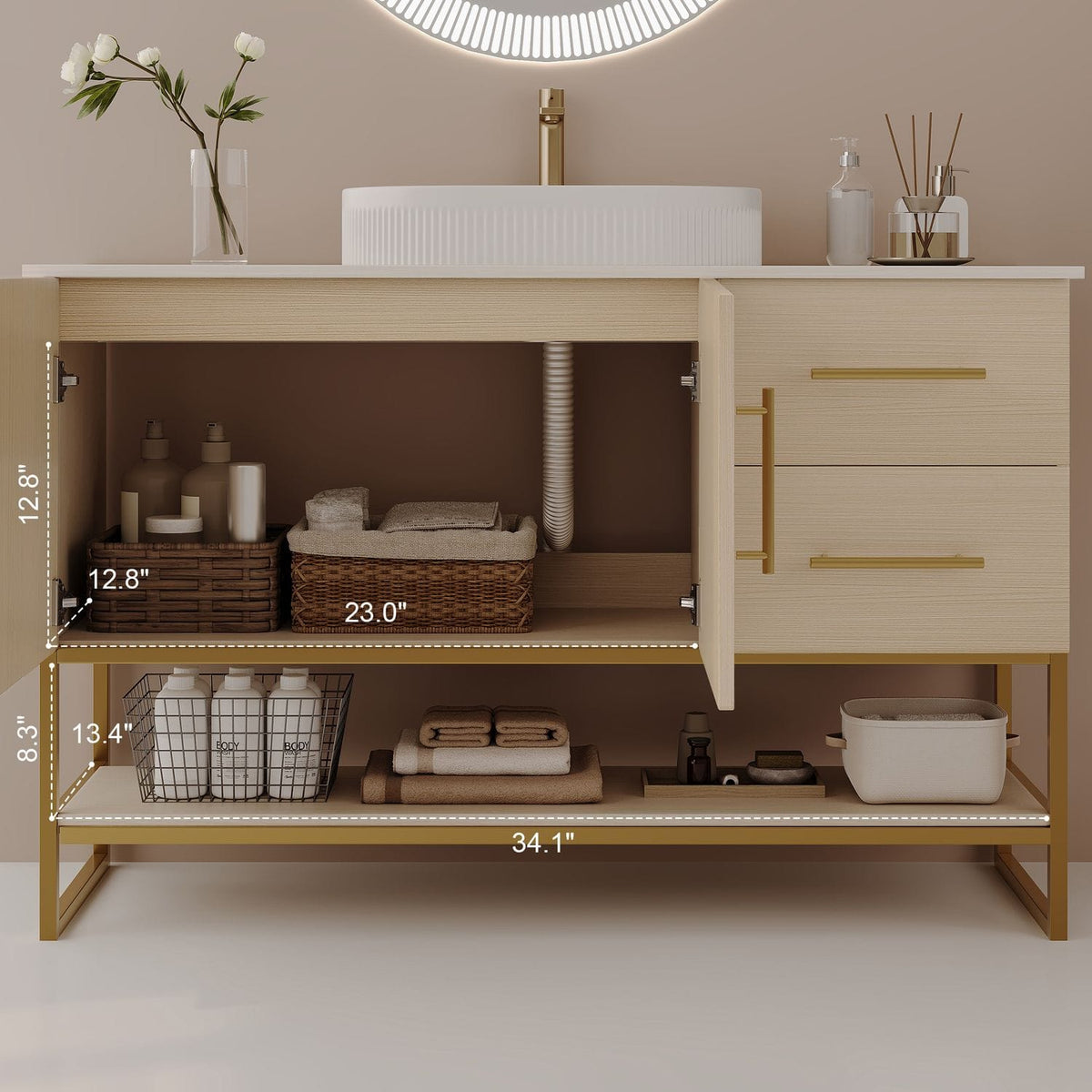 36 inch White Oak Bathroom Vanity Interior Storage Space Shelf Dimensions