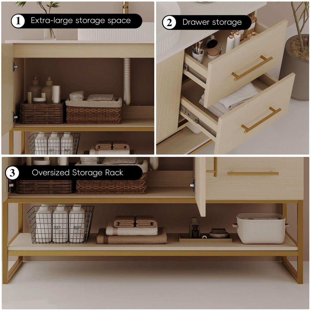 36 inch White Oak Bathroom Vanity Large Storage Space Drawers Shelf Breakdown