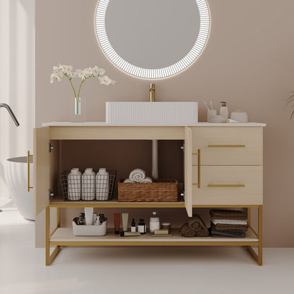 36 inch White Oak Bathroom Vanity Open Doors Drain Pipe Interior View