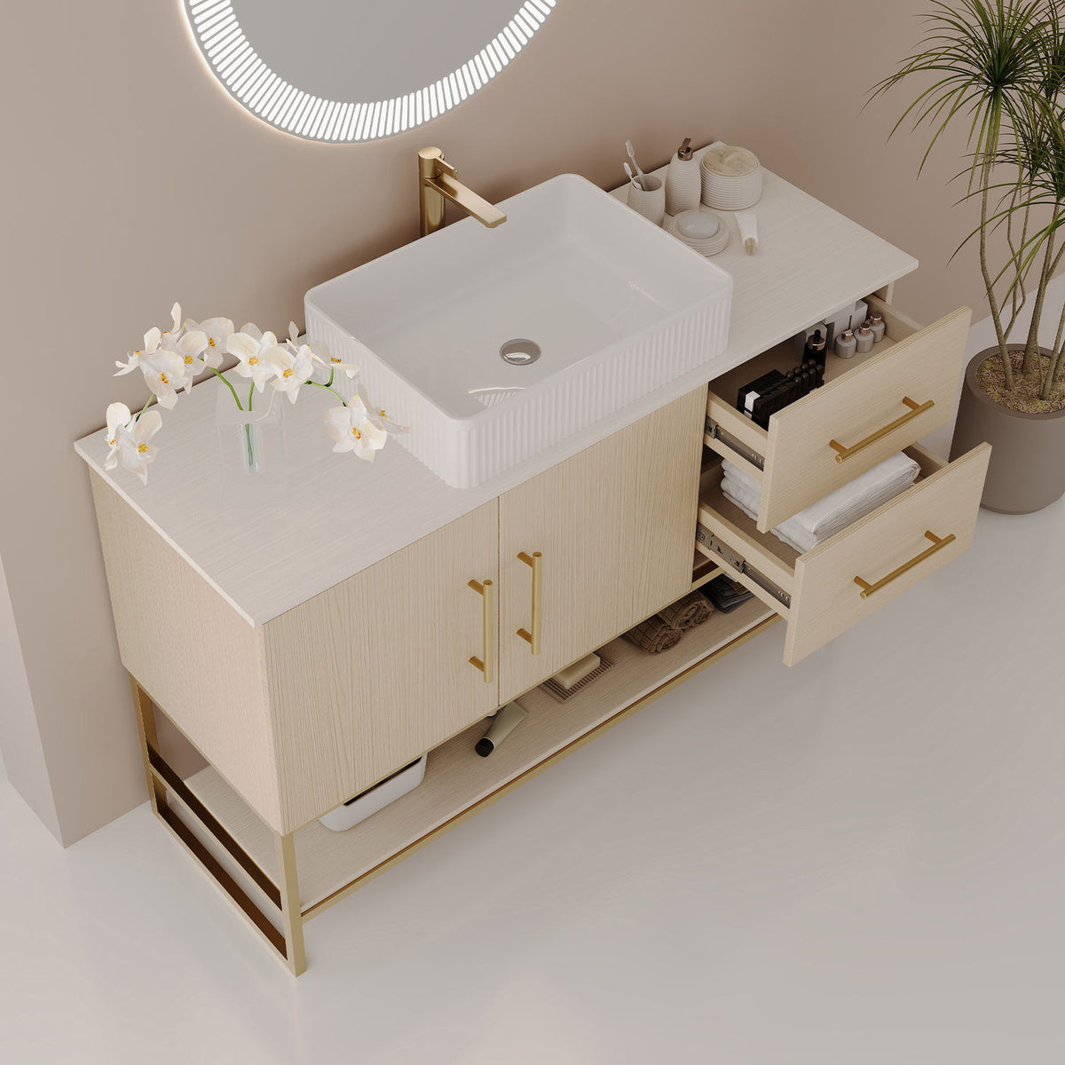 36 inch White Oak Bathroom Vanity Pull Out Drawers Storage Capacity
