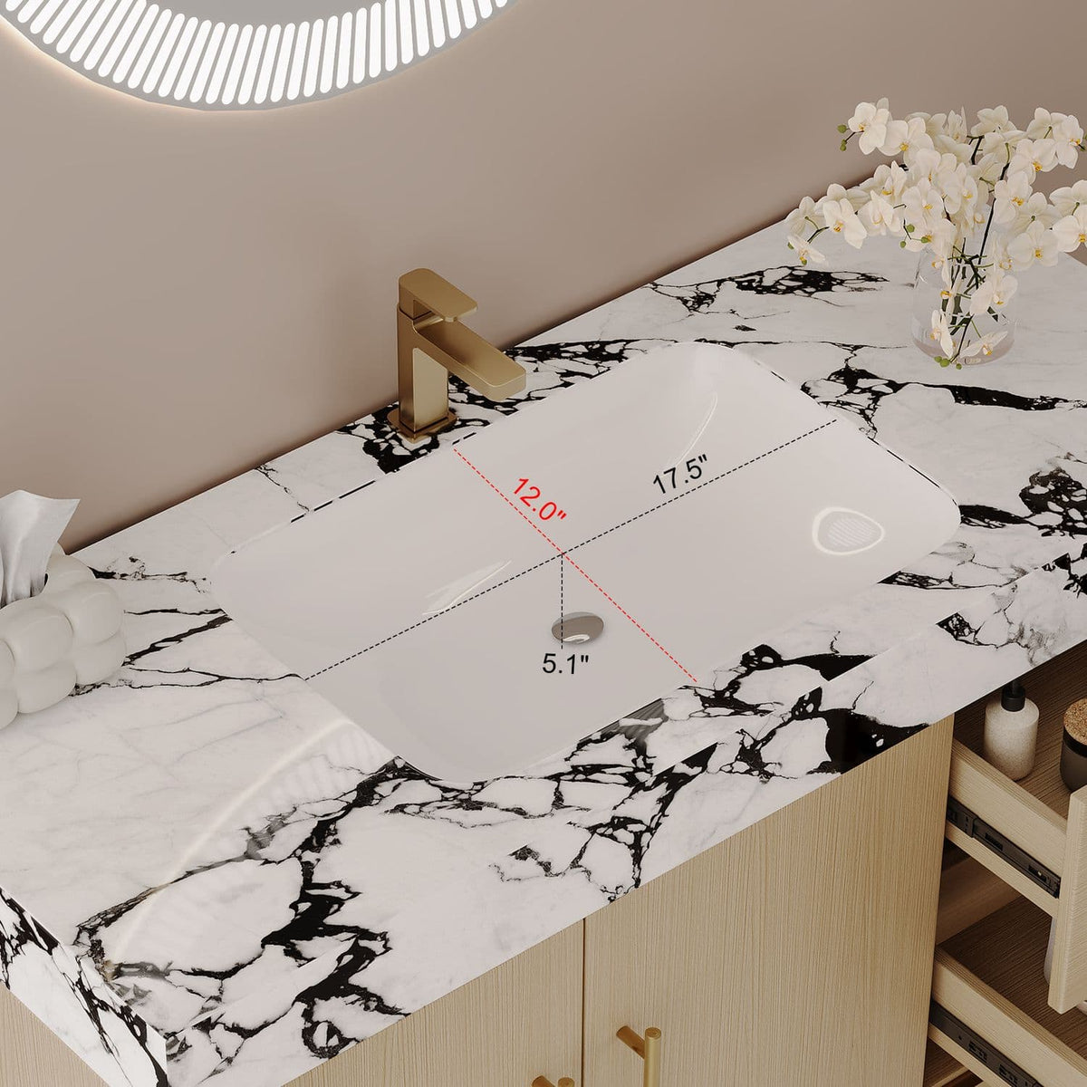 36 inch White Oak Bathroom Vanity Undermount Ceramic Sink Dimensions Rectangular Bowl Faux Marble Top