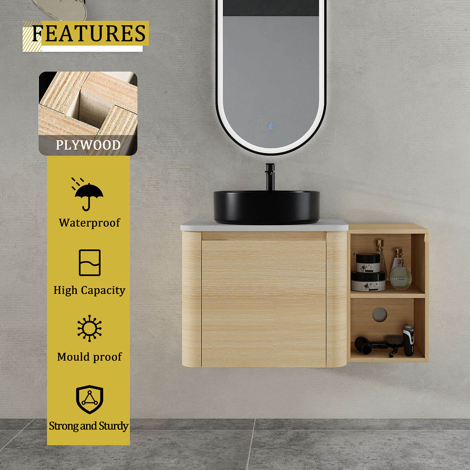 36 inch White Oak Bathroom Vanity with Black Ceramic Vessel Sink and Open Shelves-material