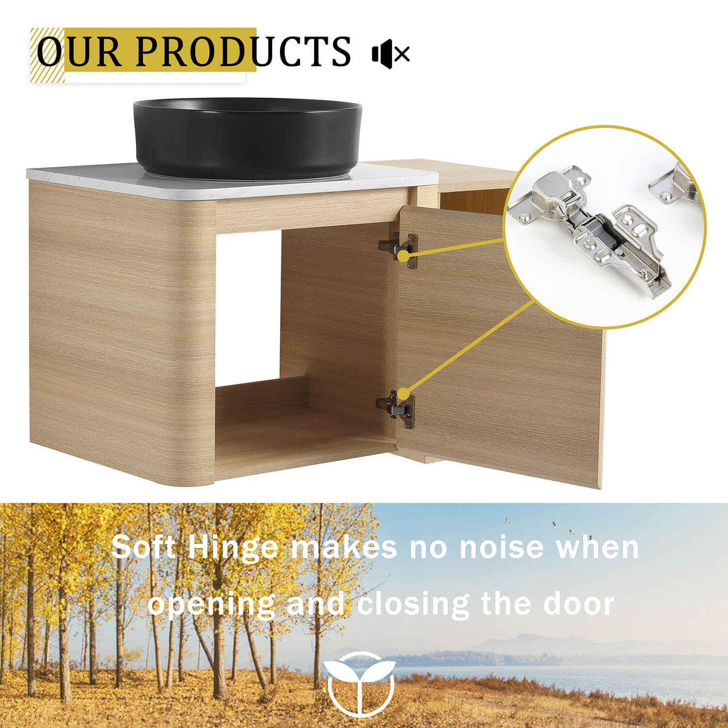 36 inch White Oak Bathroom Vanity with Black Ceramic Vessel Sink and Open Shelves-soft closing door