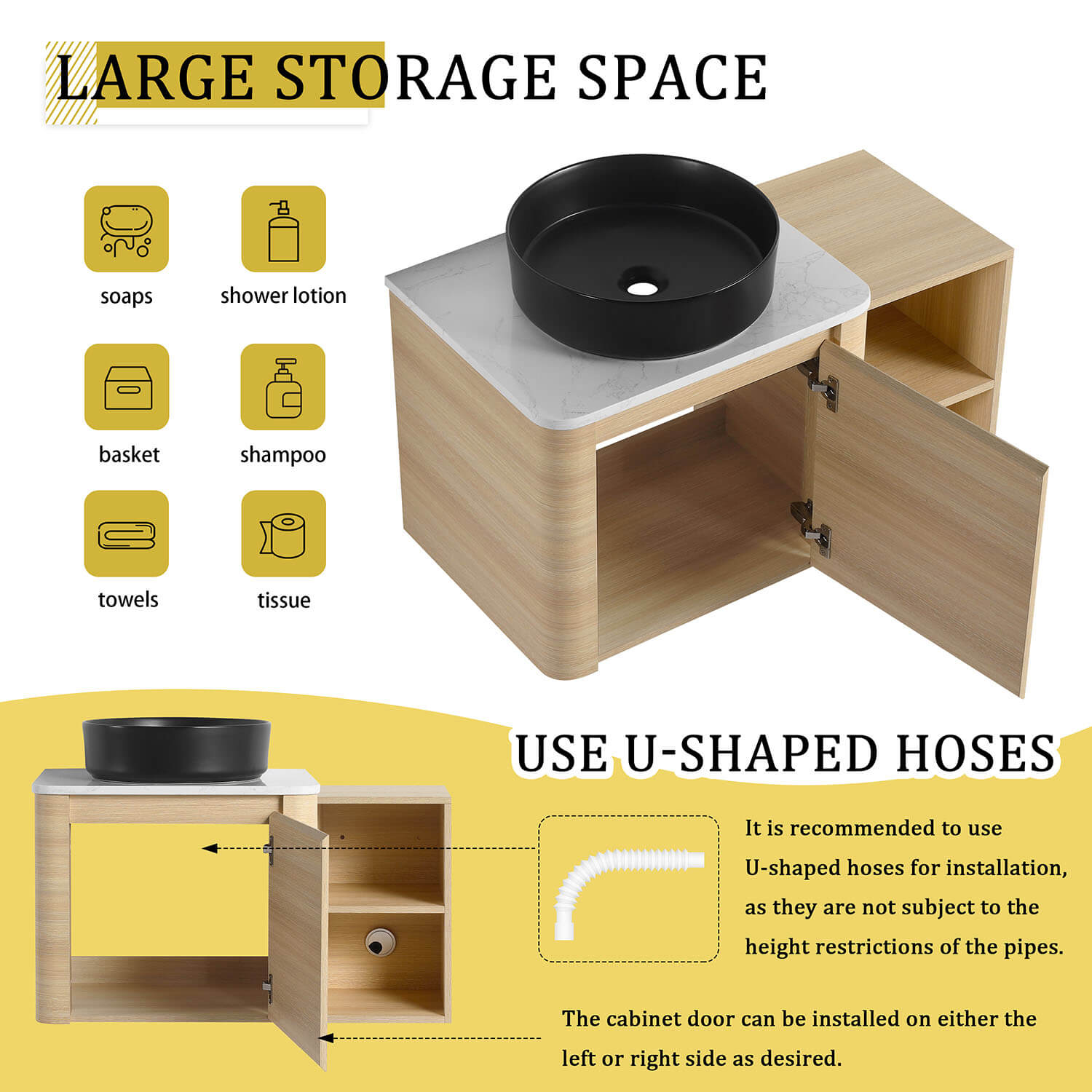 36 inch White Oak Bathroom Vanity with Black Ceramic Vessel Sink and Open Shelves-storage space