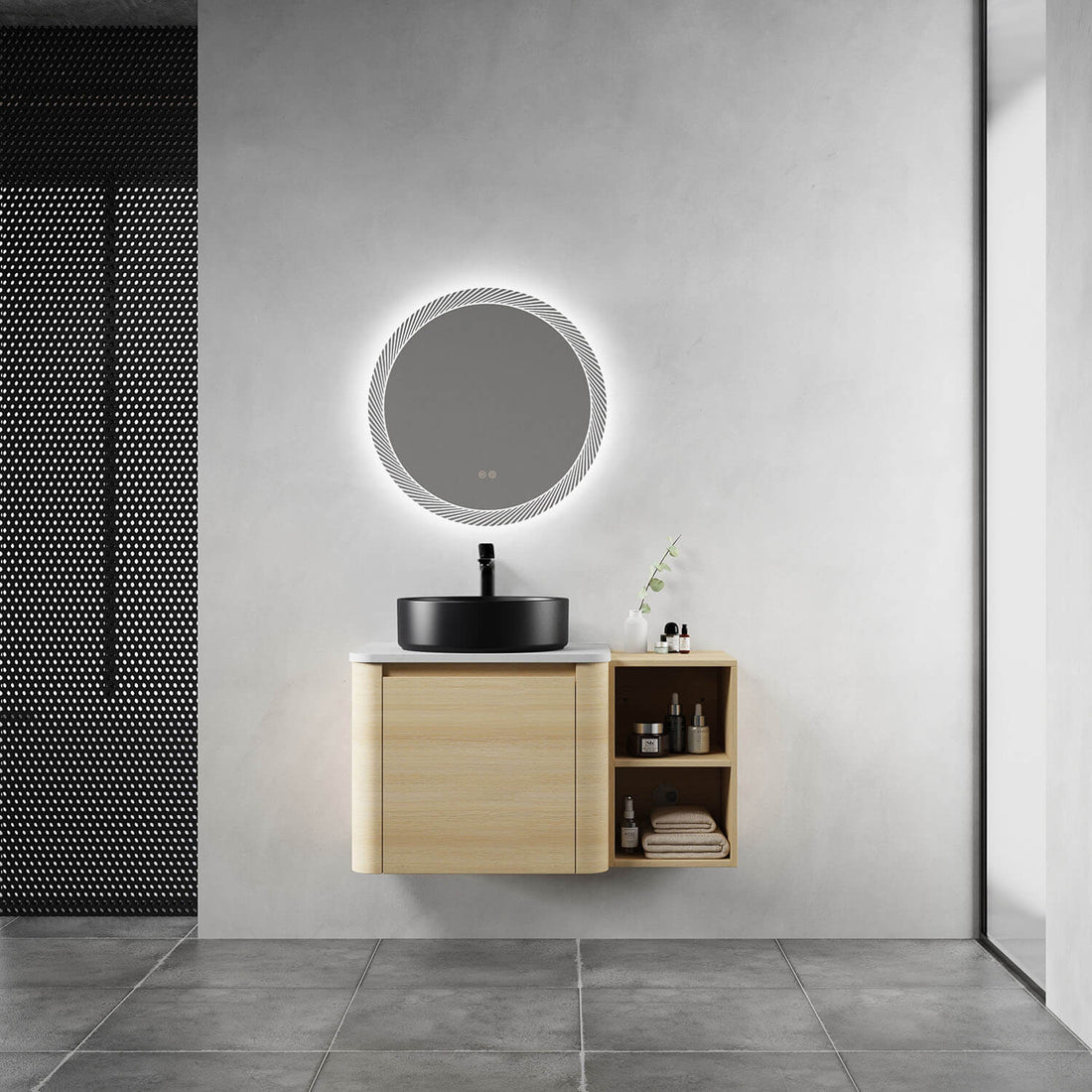 36 inch White Oak Bathroom Vanity with Black Ceramic Vessel Sink and Open Shelves