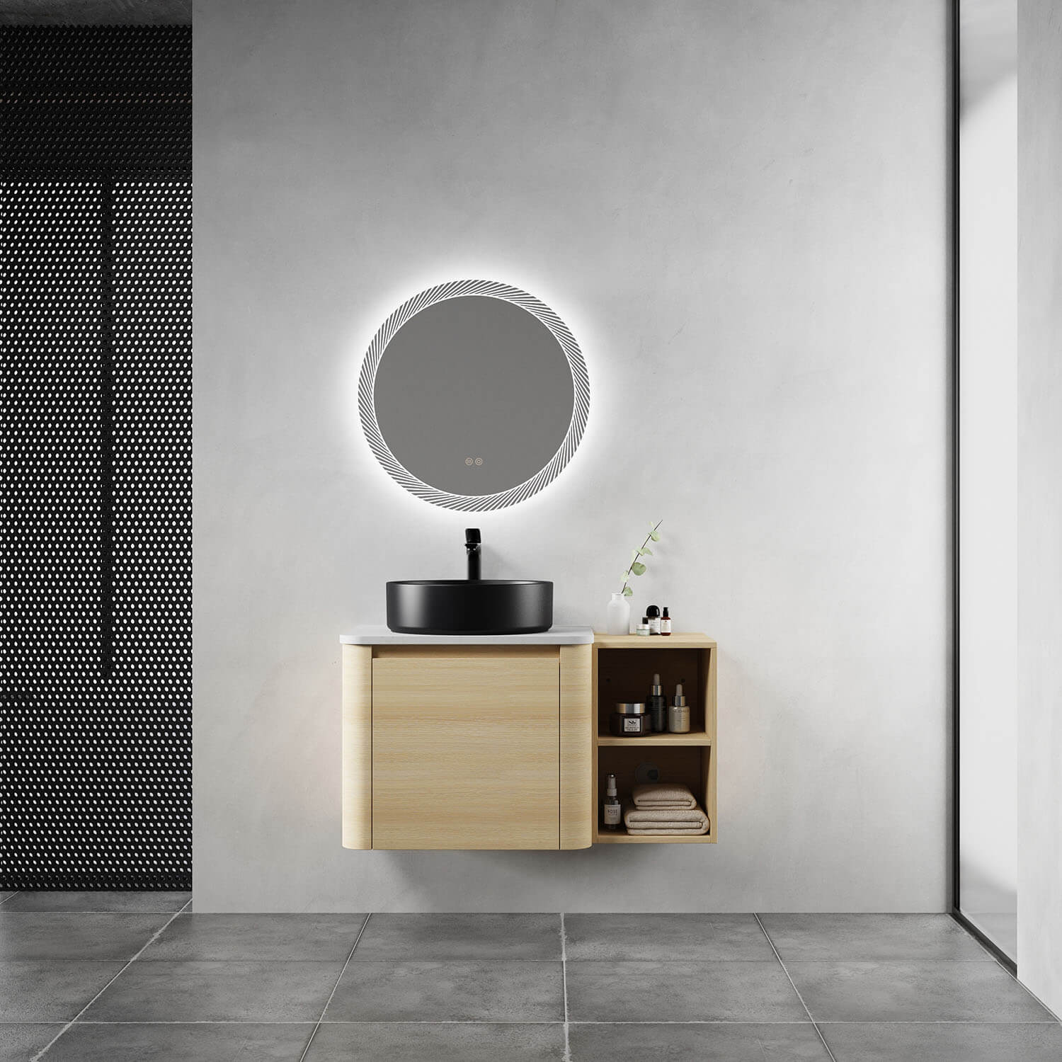 36 inch White Oak Bathroom Vanity with Black Ceramic Vessel Sink and Open Shelves