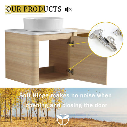 36 inch White Oak Bathroom Vanity with White Ceramic Vessel Sink and Open Shelves-soft closing door