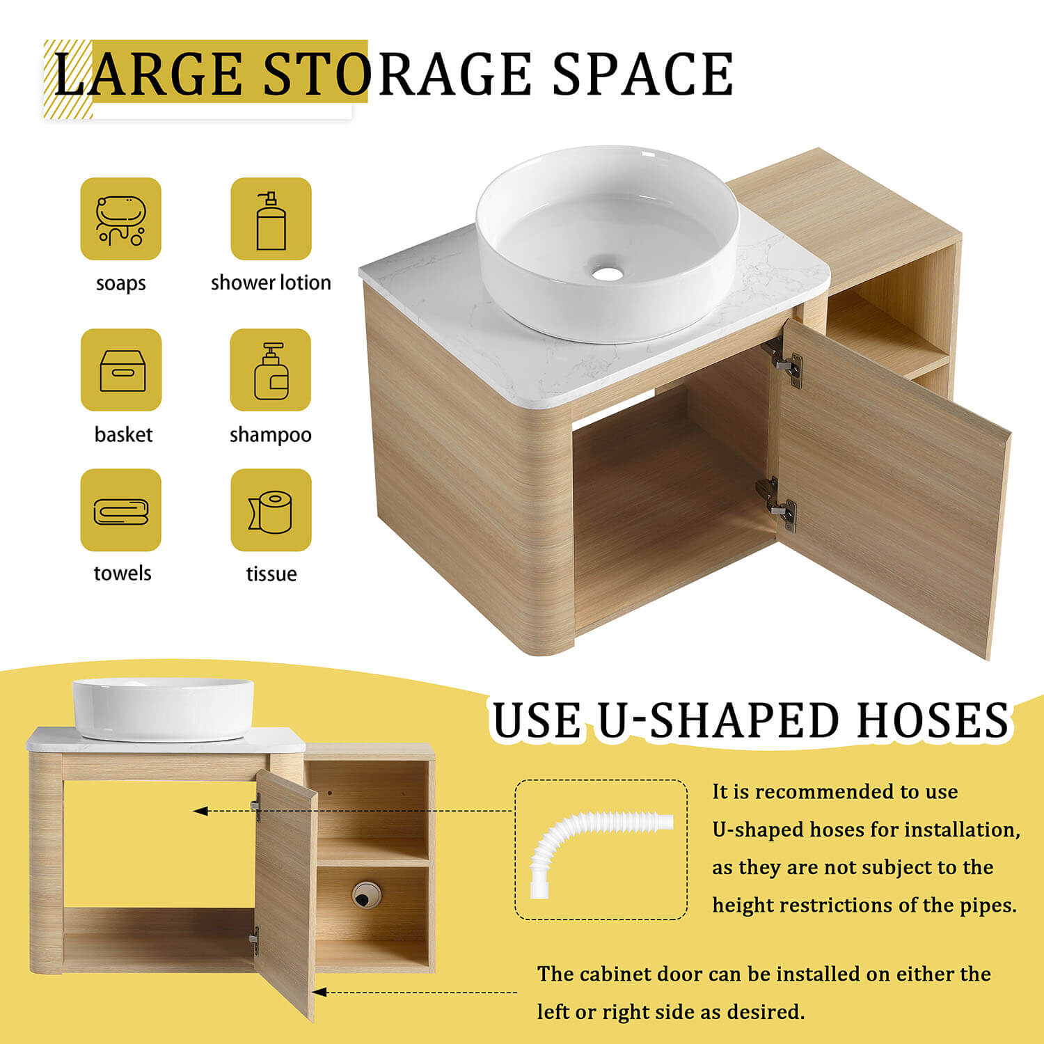 36 inch White Oak Bathroom Vanity with White Ceramic Vessel Sink and Open Shelves-storage space